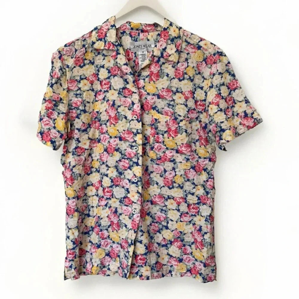 Jones Wear Sport Pink Yellow Floral Button Down Short Sleeve Blouse Womens M